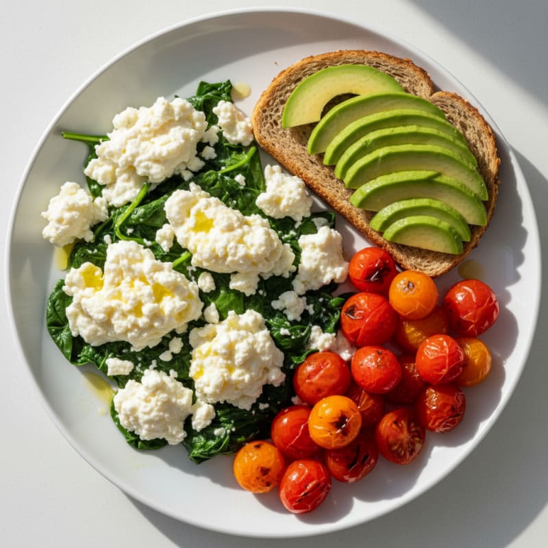 Egg White Spinach Scramble with Cottage Cheese and Cherry Tomatoes