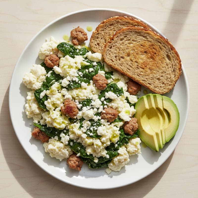 Egg White and Turkey Sausage Scramble with Spinach and Feta