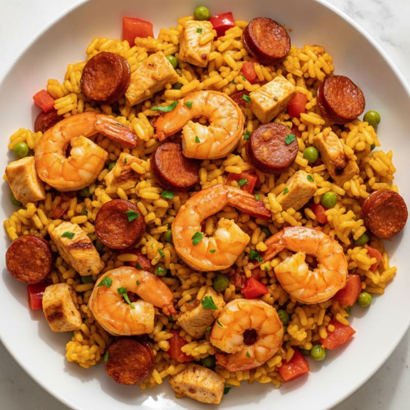 Saffron Seafood Paella with Chorizo