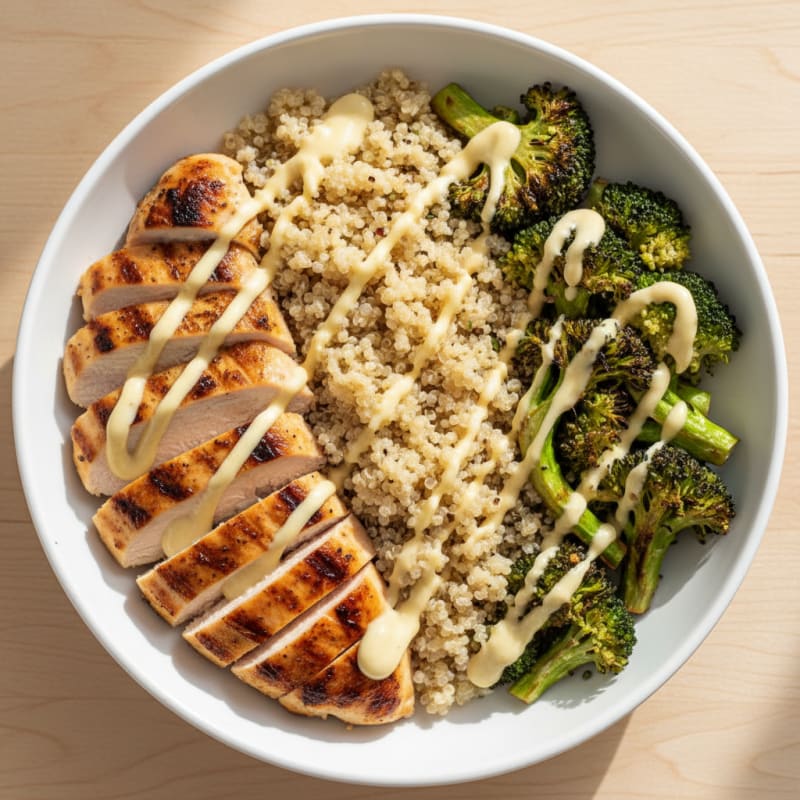 Grilled Chicken and Quinoa Bowl with Roasted Broccoli and Lemon Tahini Drizzle