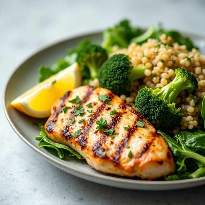 Grilled Chicken Breast Salad with Quinoa and Roasted Broccoli