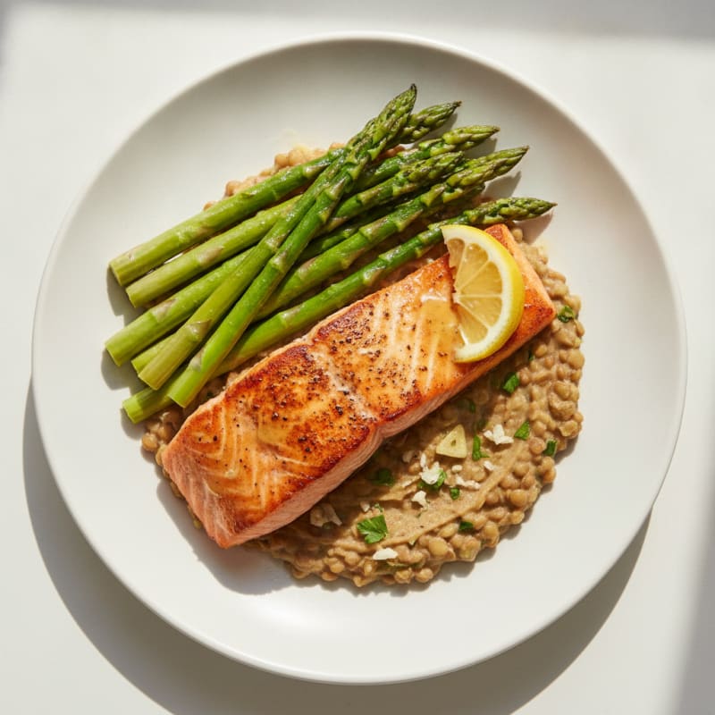 Seared Salmon Fillet with Steamed Asparagus and Lentil Mash