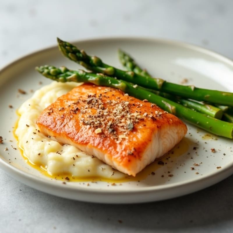 Seared Salmon Fillet with Steamed Asparagus and Garlic Mashed Potatoes