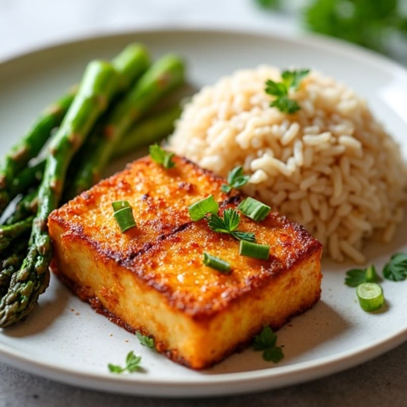 Crispy Baked Tofu with Roasted Asparagus and Brown Rice