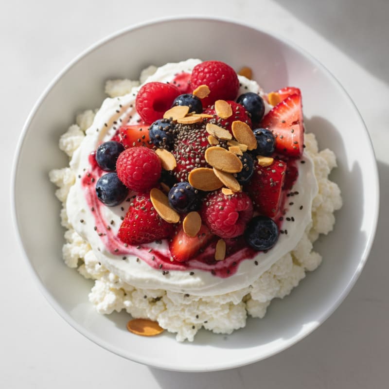 Greek Yogurt and Cottage Cheese Parfait with Mixed Berries and Chia Seeds