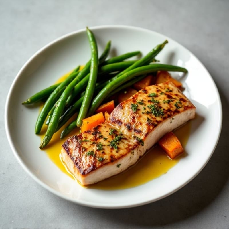 Flaky Seared Tuna with Roasted Sweet Potatoes and Green Beans