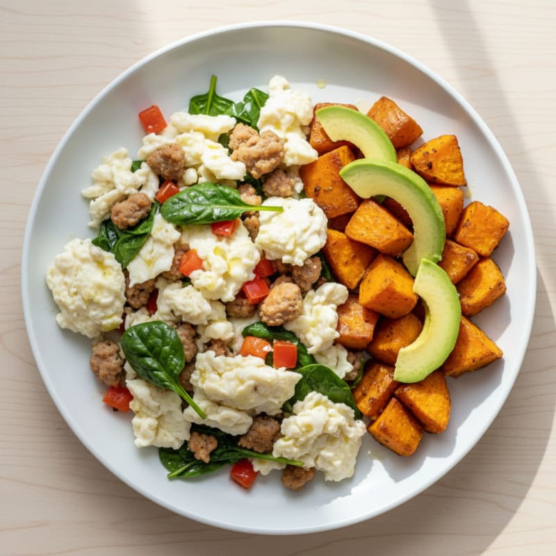 Egg White Scramble with Turkey Sausage and Roasted Sweet Potatoes