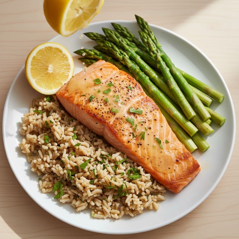 Seared Salmon Fillet with Steamed Asparagus and Herbed Brown Rice