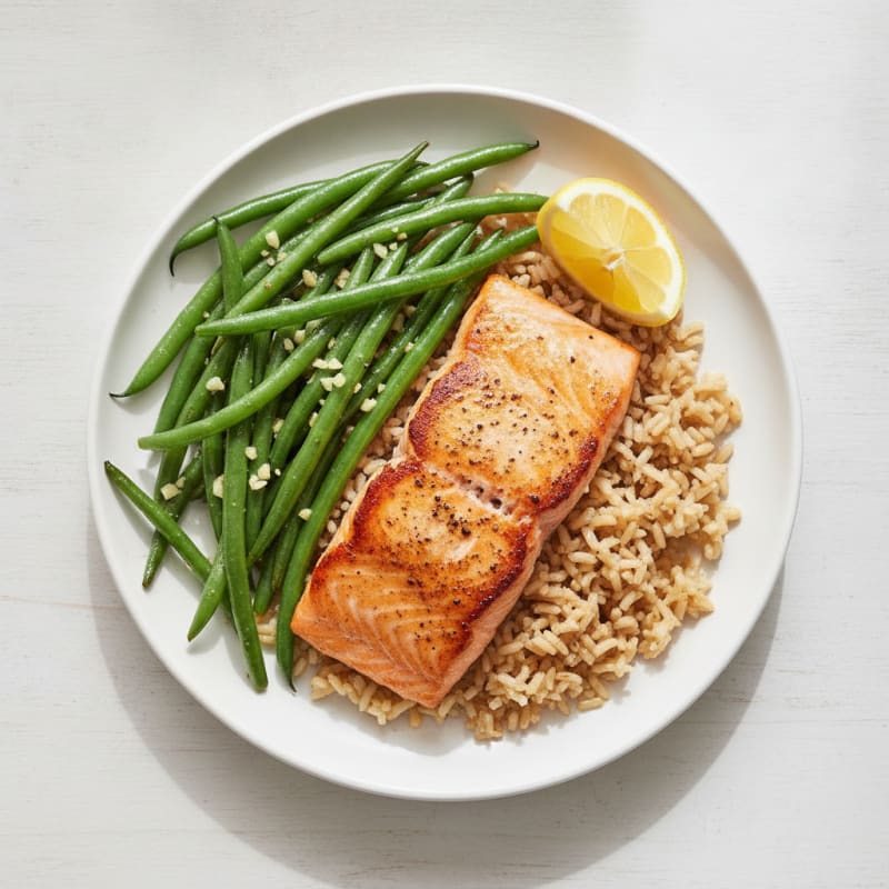 Seared Salmon Fillet with Garlic Green Beans and Brown Rice