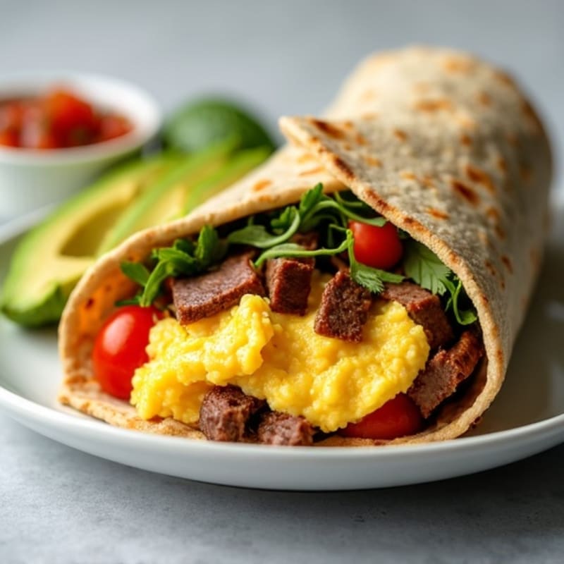 Lean Steak and Scrambled Egg Protein Wrap with Fresh Avocado and Salsa