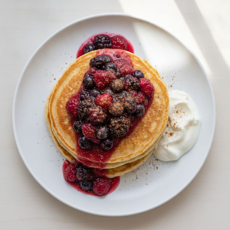 High-Protein Fluffy Buttermilk-Style Pancakes with Berry Compote