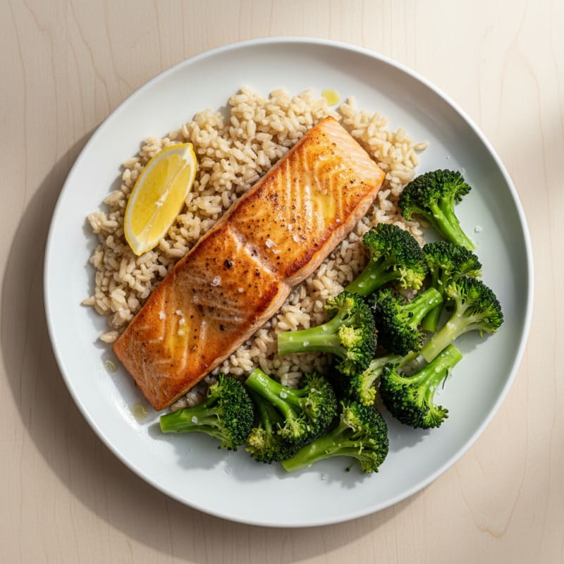 Seared Salmon with Steamed Broccoli and Brown Rice