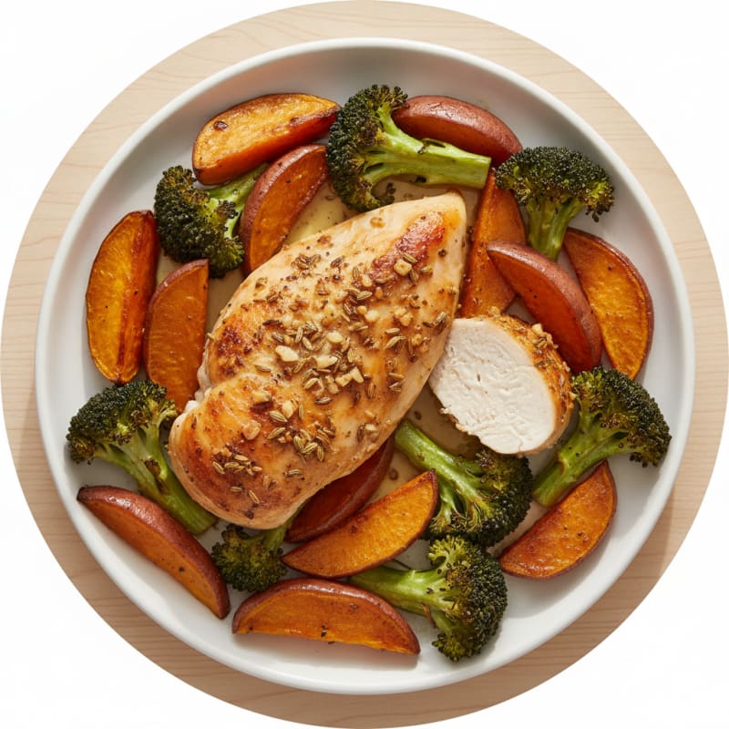 Baked Fennel Chicken with Roasted Sweet Potato and Broccoli