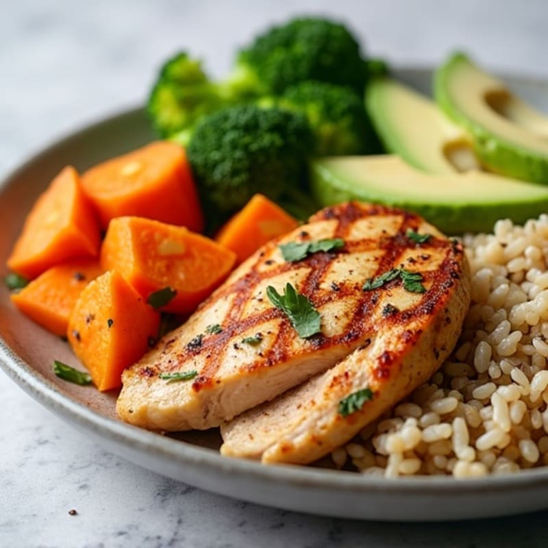 Grilled Chicken Breast with Roasted Sweet Potato, Steamed Broccoli, Avocado, and Brown Rice