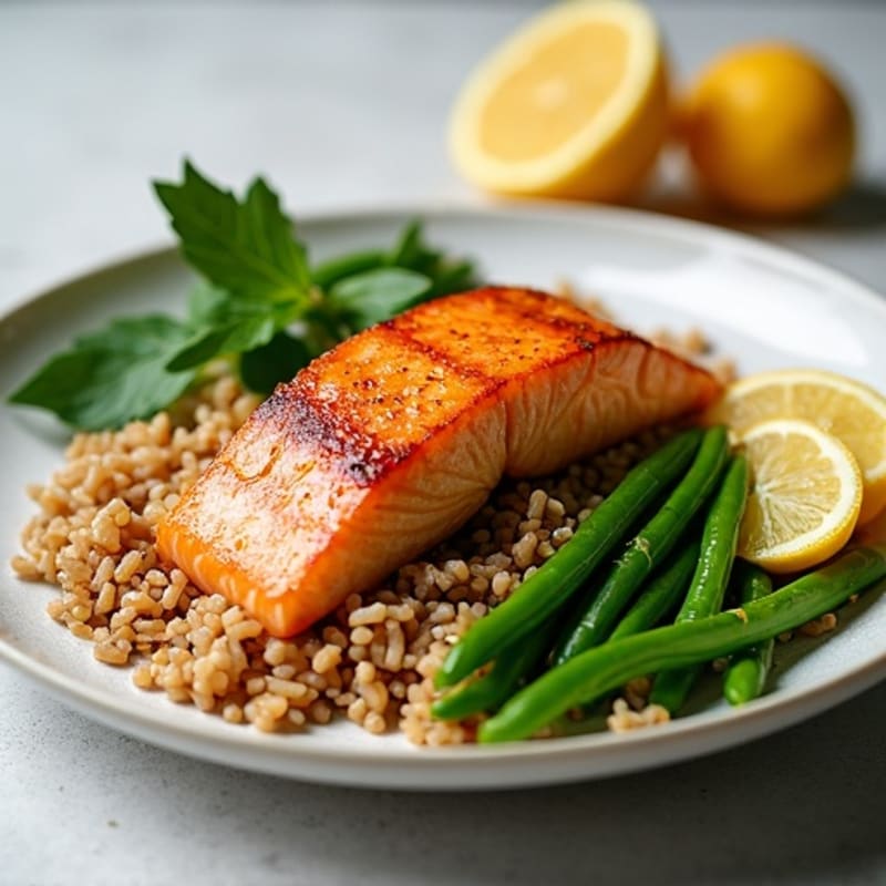 Seared Salmon with Steamed Green Beans and Brown Rice