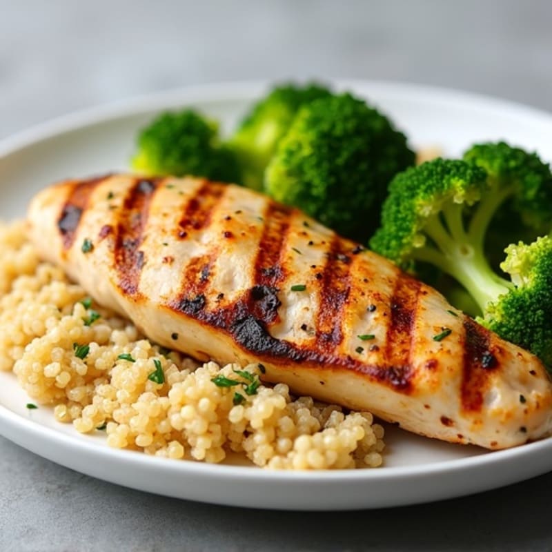 Grilled Lemon Garlic Chicken Breast with Quinoa and Steamed Broccoli
