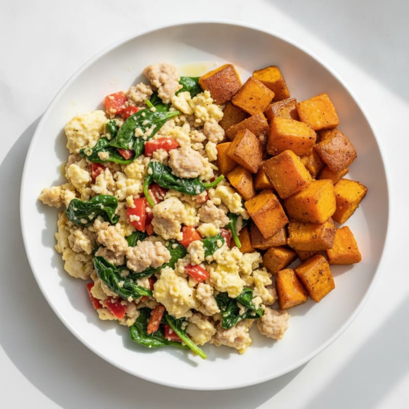 Egg White and Turkey Sausage Scramble with Roasted Sweet Potatoes