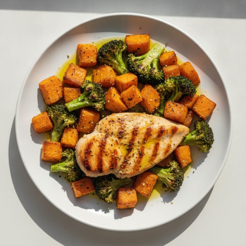 Grilled Chicken Breast with Roasted Sweet Potato and Broccoli