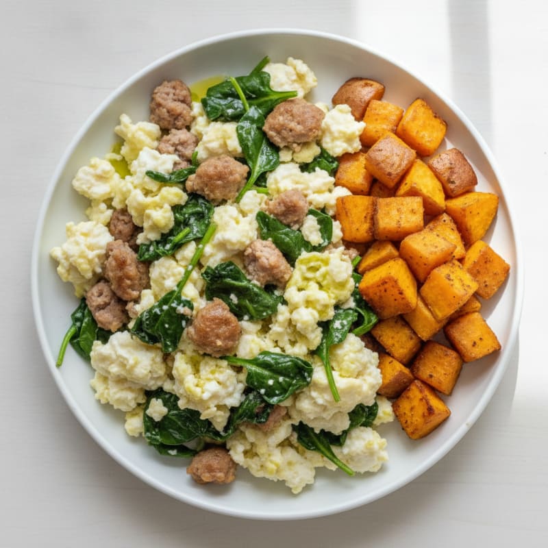 Egg White Scramble with Turkey Sausage and Sautéed Spinach