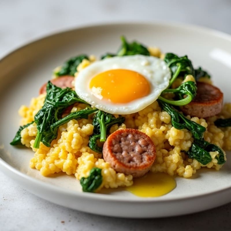 Egg White Scramble with Chicken Sausage and Spinach