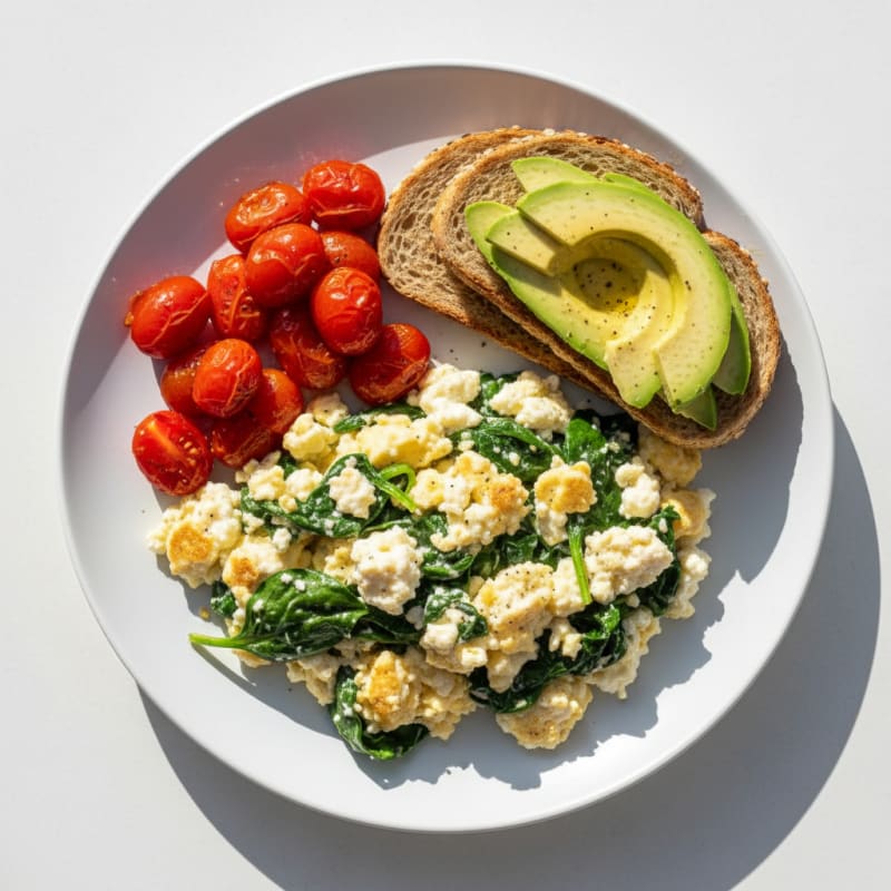 Cottage Cheese Scramble with Spinach and Cherry Tomatoes