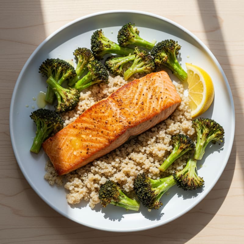 Seared Salmon Fillet with Roasted Broccoli and Quinoa