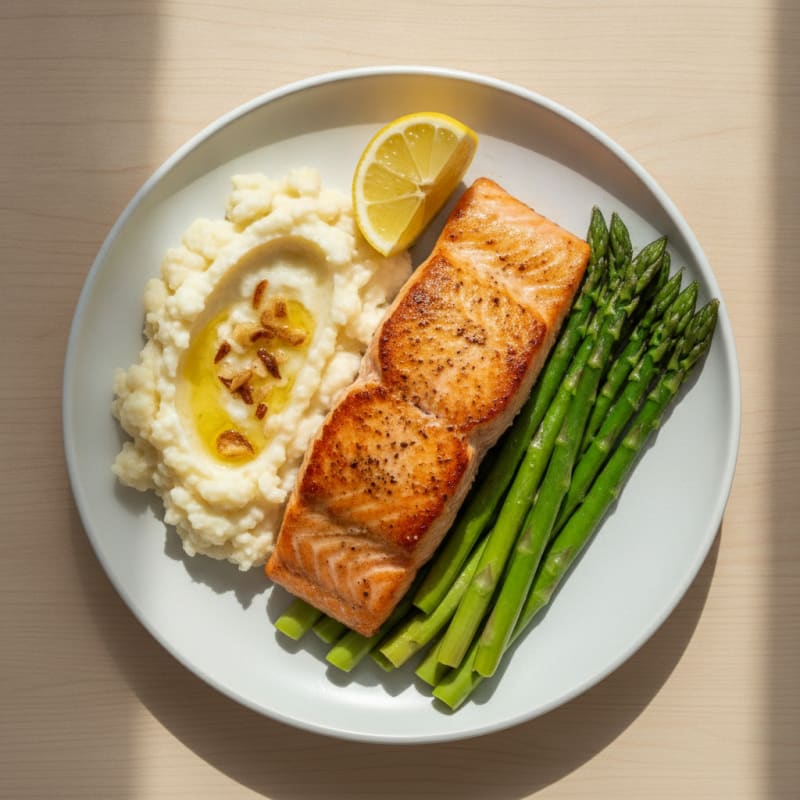 Seared Salmon with Steamed Asparagus and Garlic Mashed Cauliflower