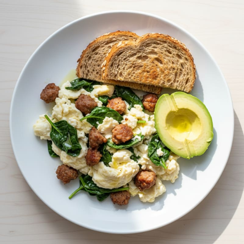 Egg White and Spinach Scramble with Turkey Sausage