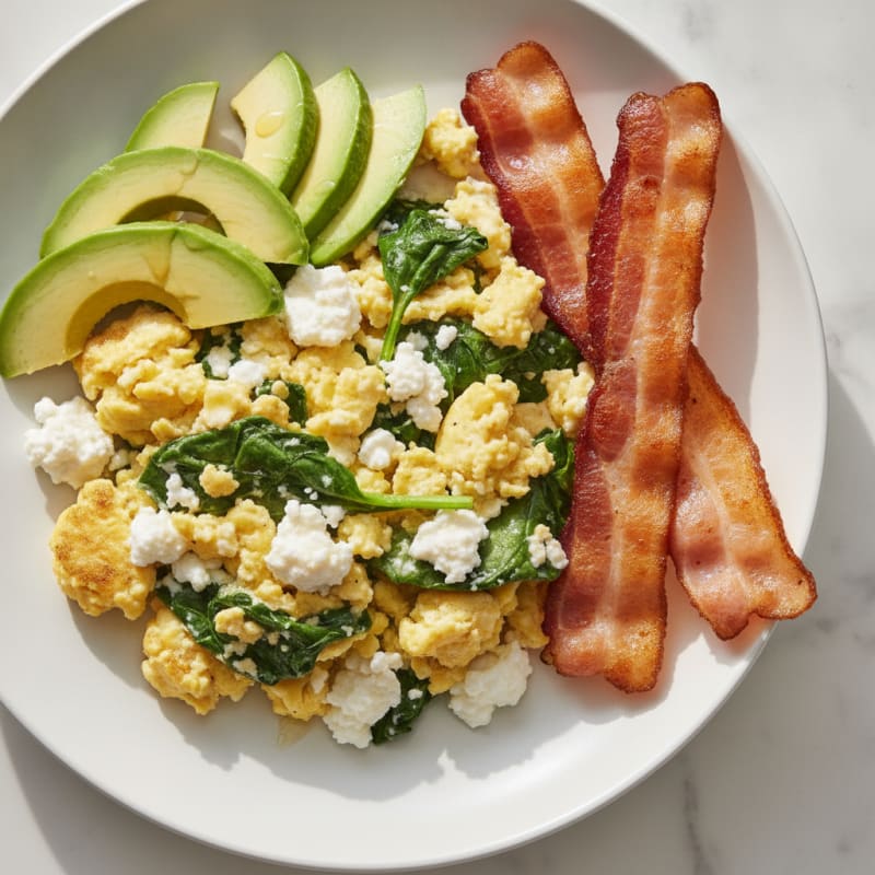 Cottage Cheese Egg Scramble with Spinach and Turkey Bacon
