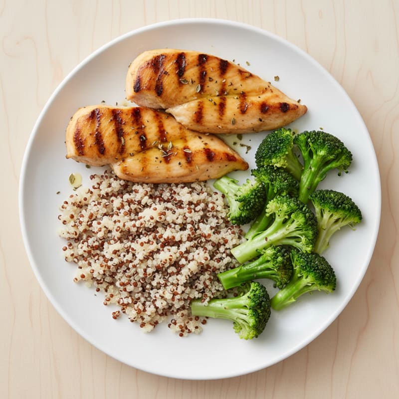 Grilled Lemon Herb Chicken Breast with Quinoa and Steamed Broccoli