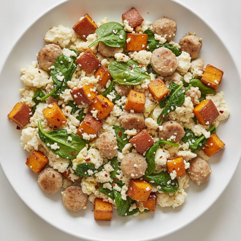 Egg White and Turkey Sausage Scramble with Spinach and Sweet Potato
