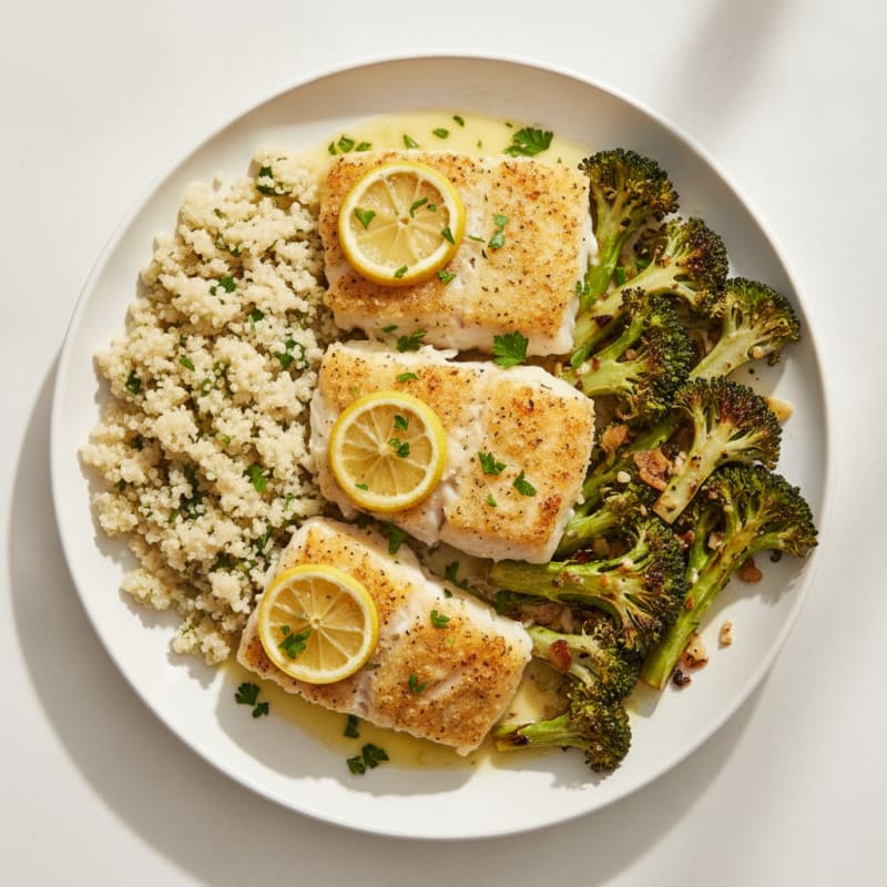 Lemon Herb Baked Cod with Roasted Broccoli and Quinoa