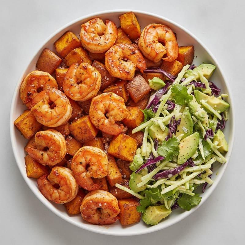 Chili Shrimp with Roasted Sweet Potato and Avocado Slaw