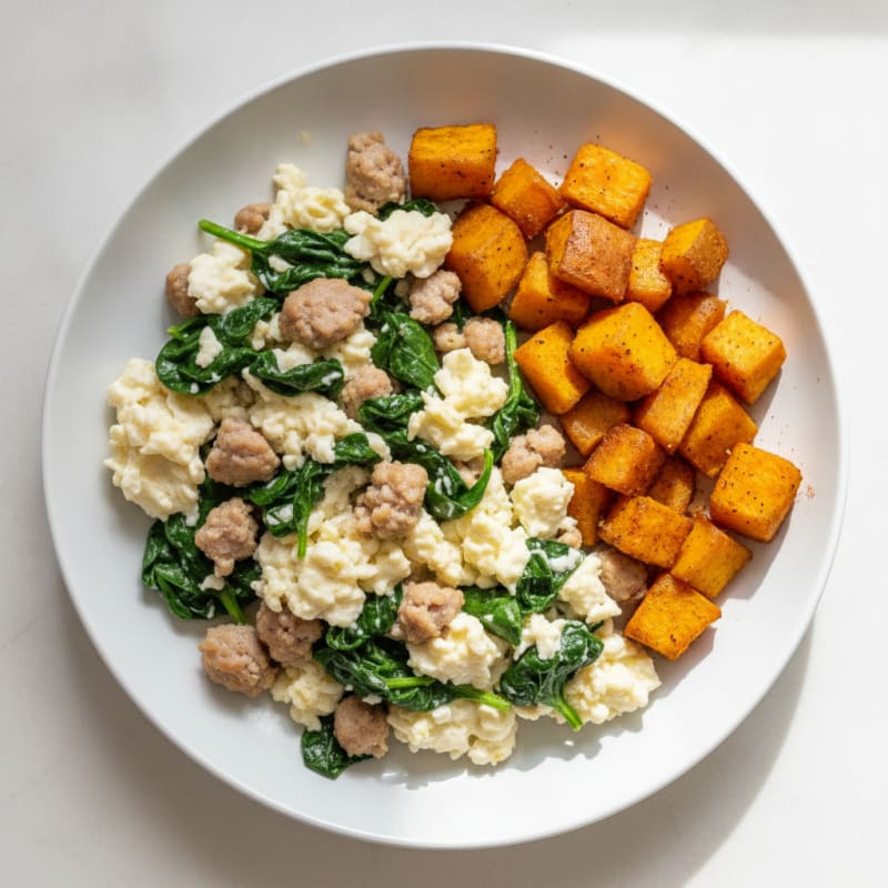 Egg White and Turkey Sausage Scramble with Spinach and Roasted Sweet Potato