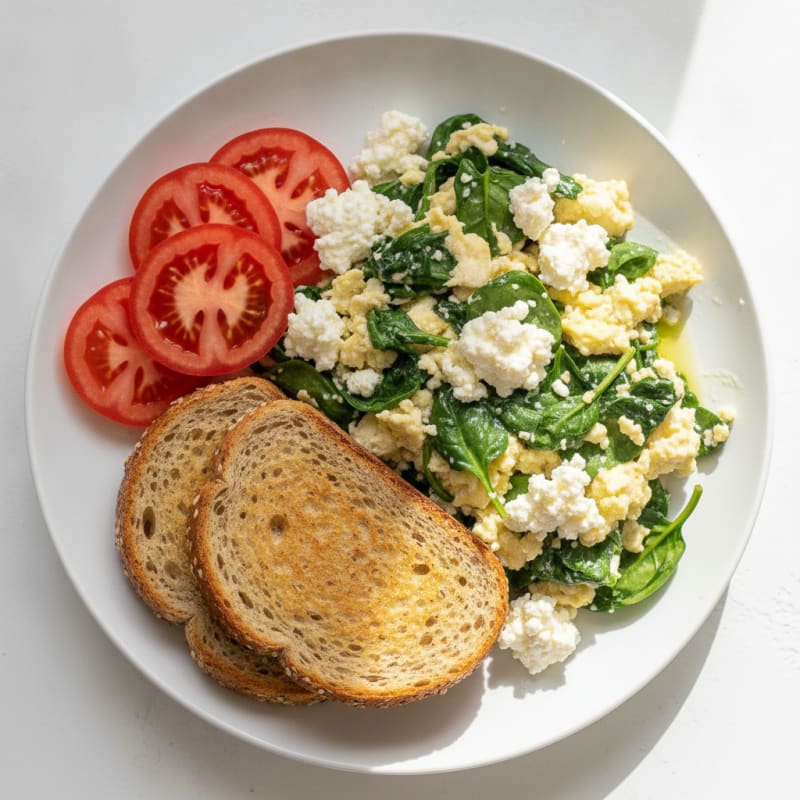 Egg White and Spinach Scramble with Cottage Cheese and Sliced Tomatoes