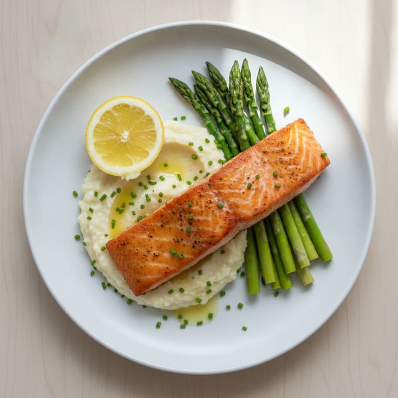 Seared Salmon with Steamed Asparagus and Cauliflower Mash