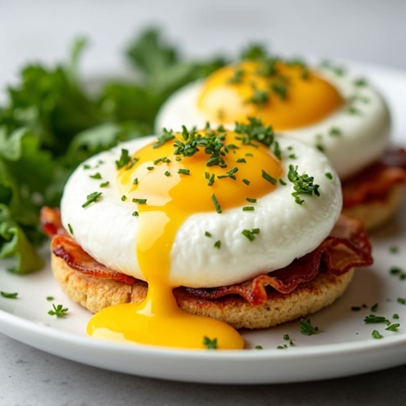 Healthy Poached Eggs with Lean Turkey Bacon and Creamy Lemon-Herb Sauce