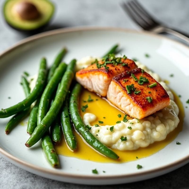 Seared Salmon with Steamed Green Beans and Garlic Cauliflower Mash