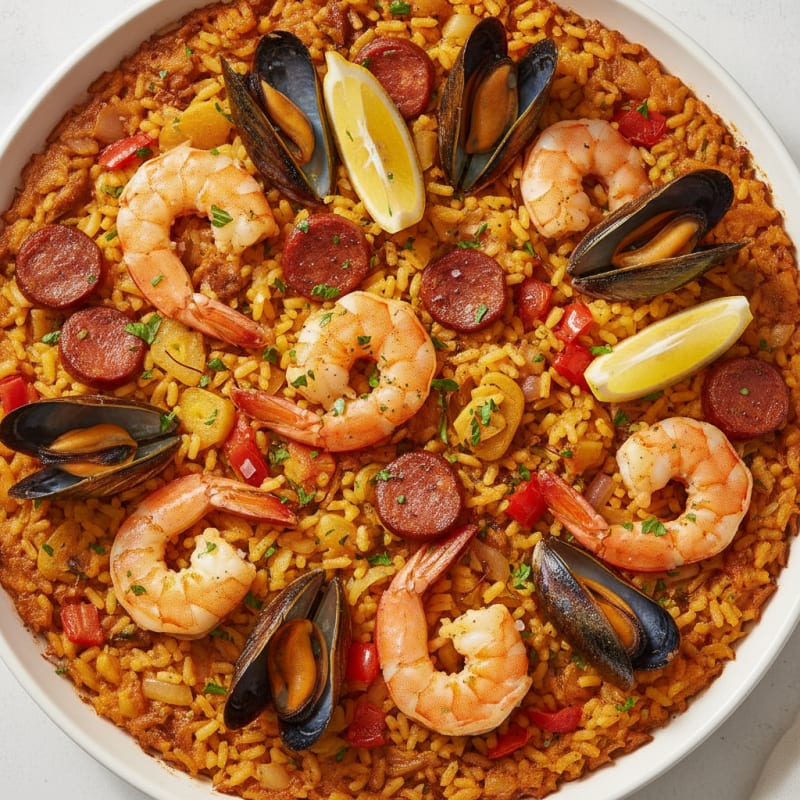 Saffron Seafood Paella with Chorizo