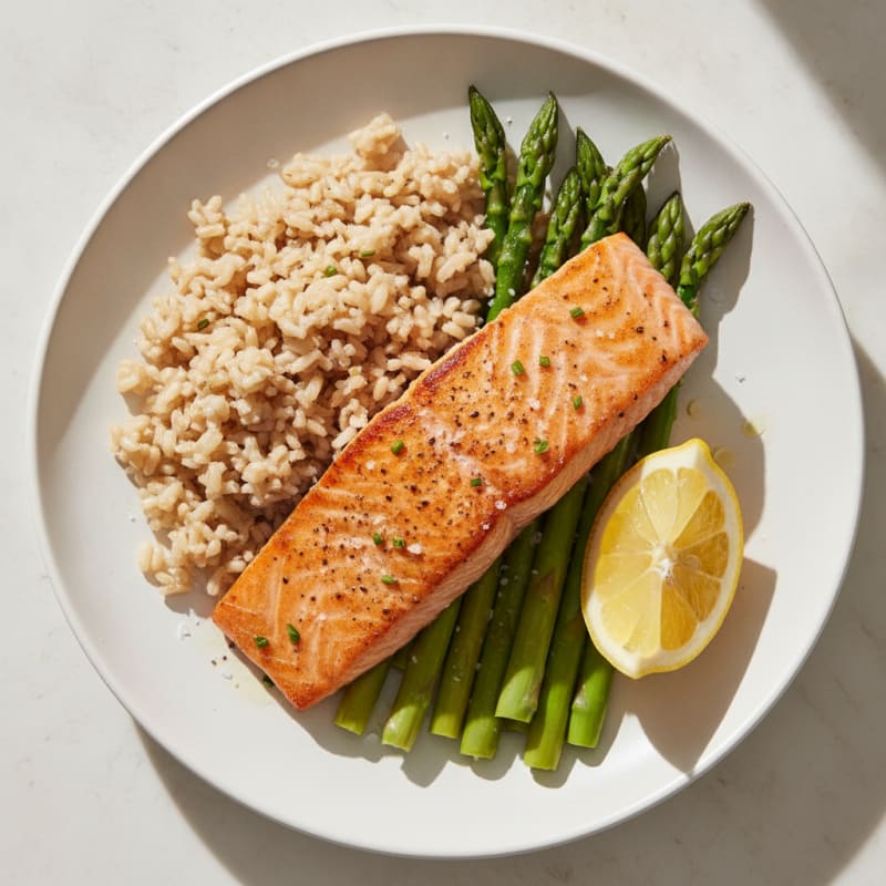 Seared Salmon with Steamed Asparagus and Brown Rice