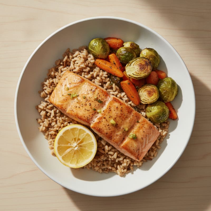 Pan-Seared Salmon with Brown Rice and Roasted Vegetables