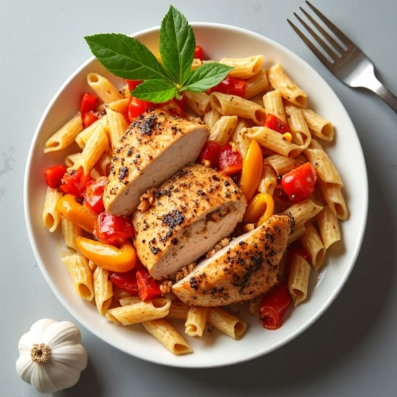 Spicy Chicken with Creamy Whole Wheat Pasta and Bell Peppers