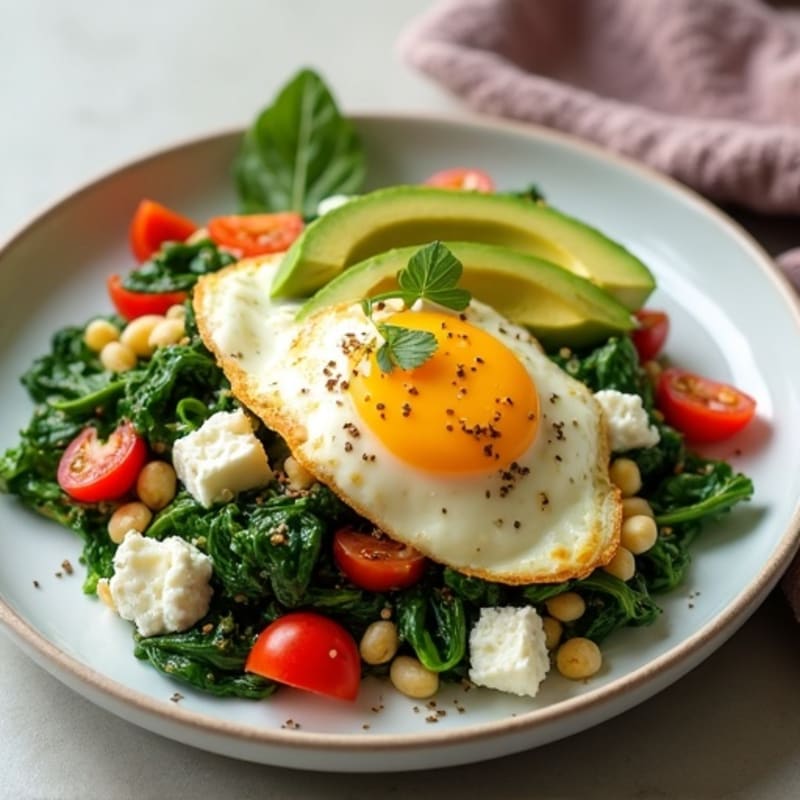Egg White Vegetable Scramble with Cottage Cheese and Sautéed Spinach