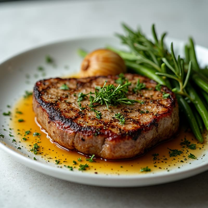 Herb-Crusted Pan Seared Steak with Roasted Garlic