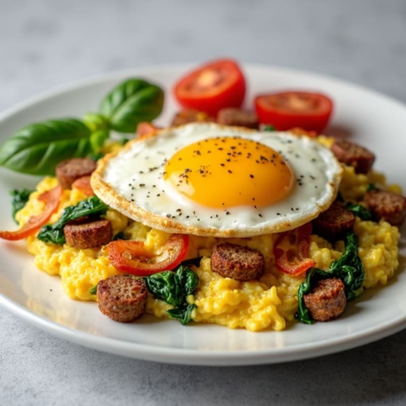 Crispy Sausage and Turkey Bacon Egg Scramble