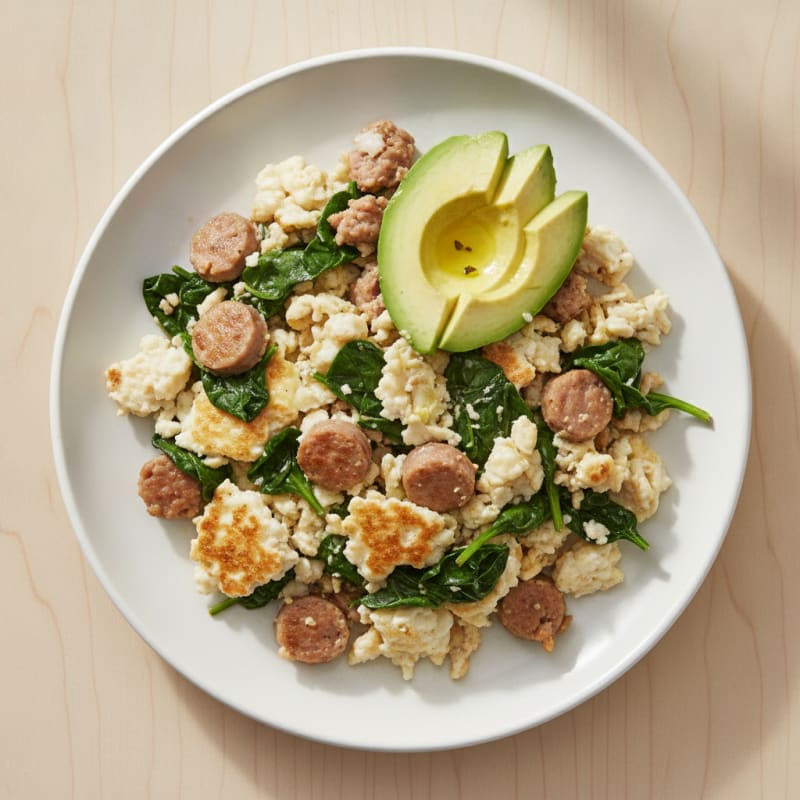 Egg White Scramble with Turkey Sausage and Sautéed Spinach
