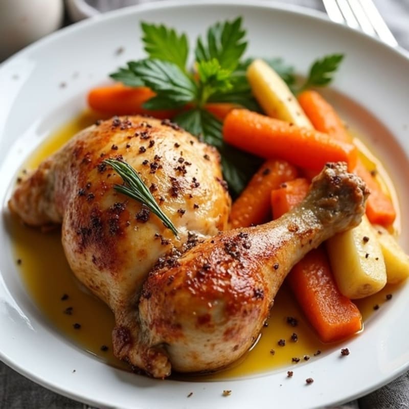 Crispy Lemon Herb Roasted Chicken Legs with Roasted Root Vegetables