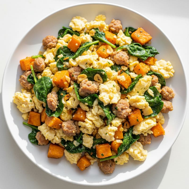 Egg White and Turkey Sausage Scramble with Sautéed Spinach