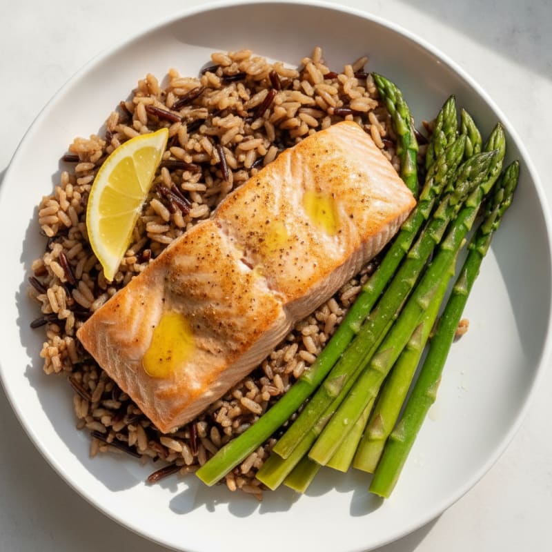 Seared Salmon Fillet with Steamed Asparagus and Wild Rice