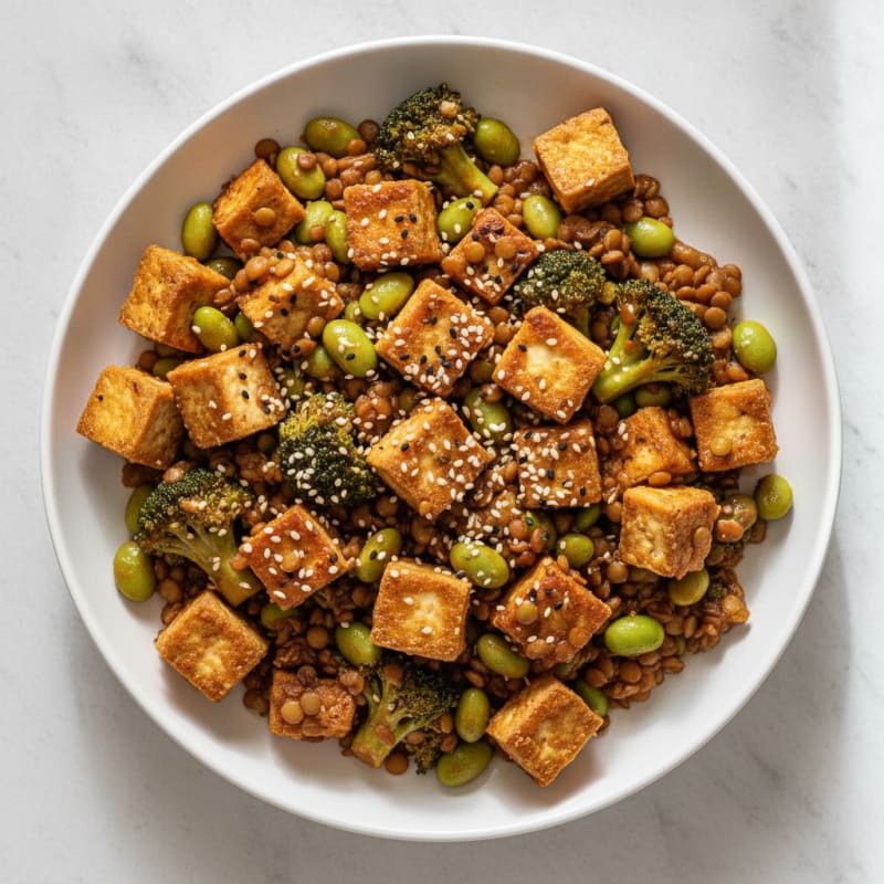Lentil and Edamame Stir Fry with Crispy Tofu